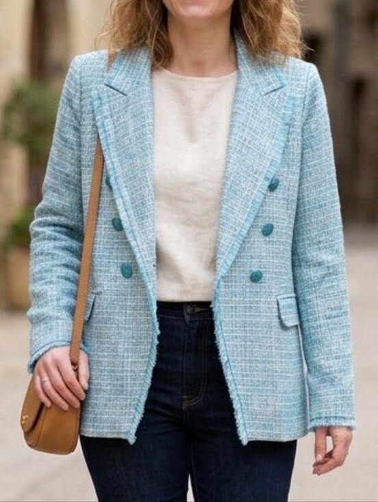 : Belle by Kim Gravel Jackets & Blazers - Belle by Kim Gravel Blue Tweed Double-Breasted Blazer Raw Hem Fringe S